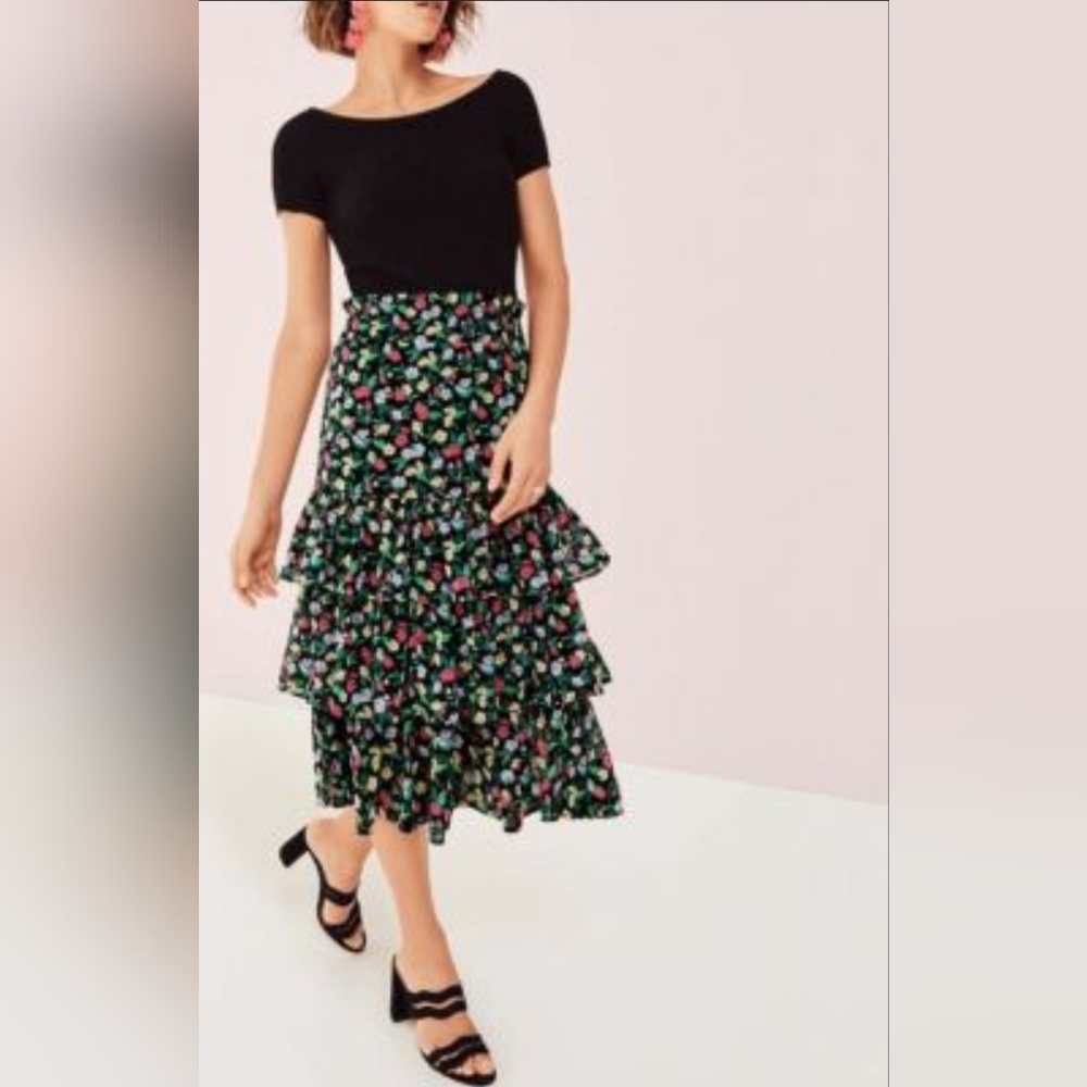 Ann Taylor Black Floral Midi Skirt